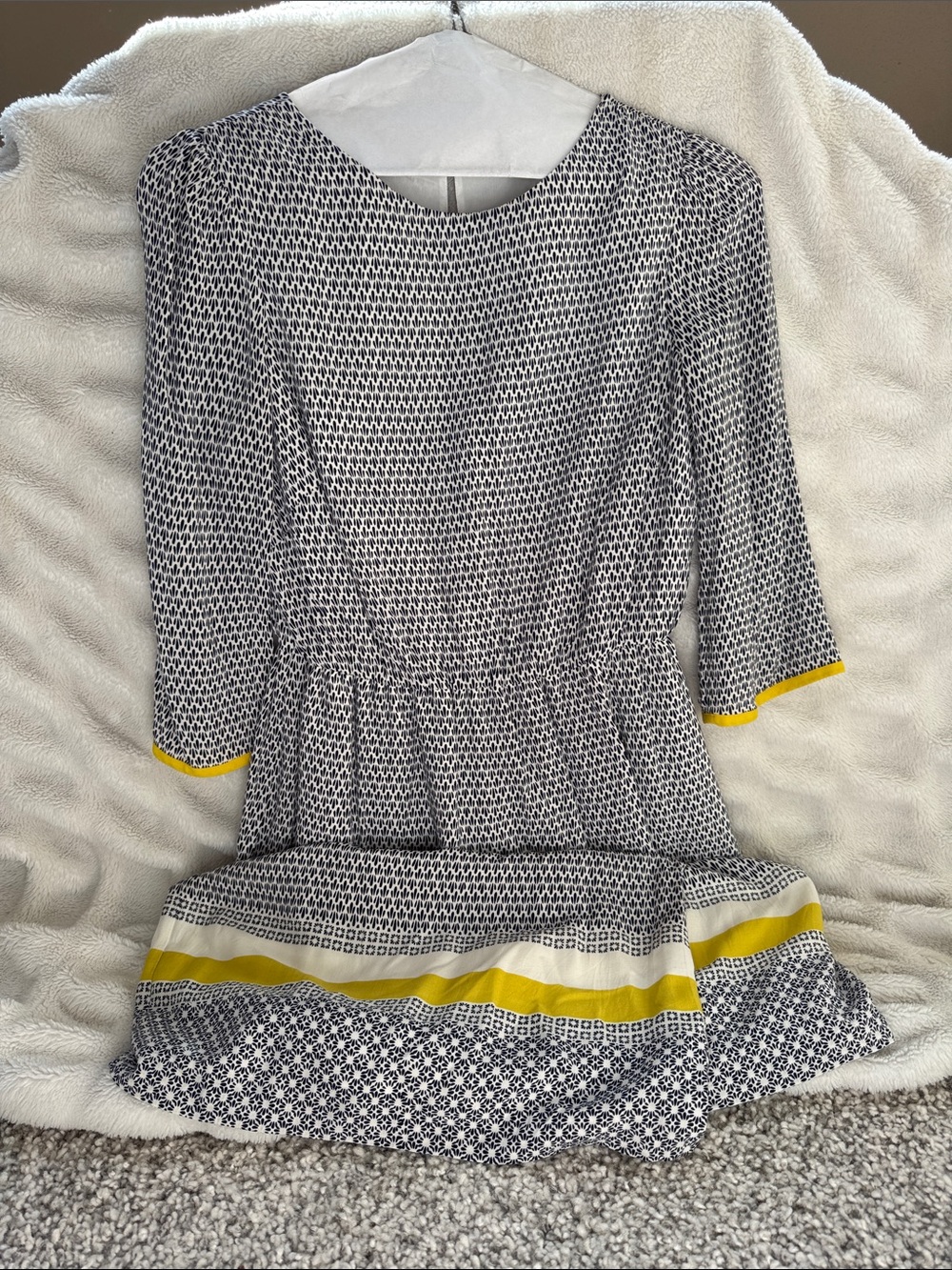 Boden Black & White Printed Long Sleeve Midi Dress with Yellow Trim